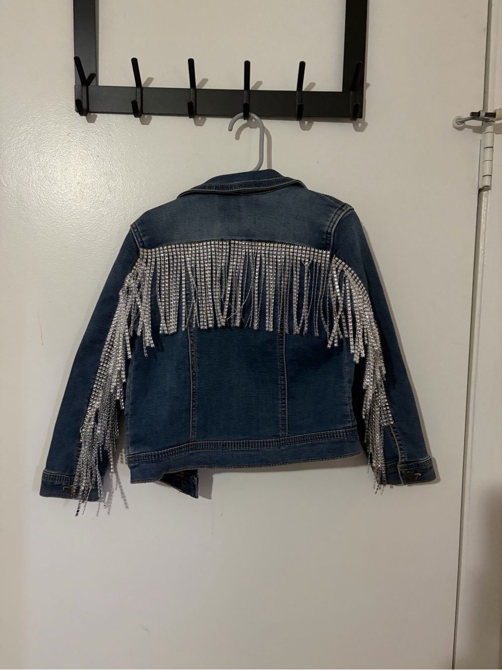 Custom Cat & Jack Kids' Dark Blue Denim Jacket with fringe on back 5T